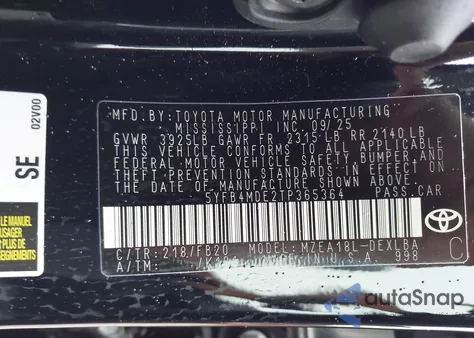 2026 Toyota Corolla Le из США, поврежденный, VIN 5YFB4MDE2TP365364